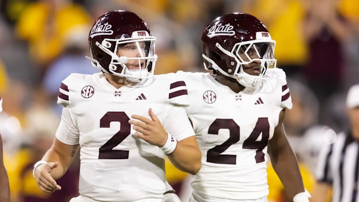 Mississippi State Bulldogs quarterback Blake Shapen (2) with running back Keyvone Lee (24) against the Arizona State Sun Devils at Mountain America Stadium. Shapen is out for the rest of 2024 and Lee won't return to action until later in the season.