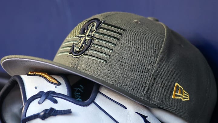 May 20, 2023; Atlanta, Georgia, USA; A detailed view of the Seattle Mariners armed forces day hat in the dugout against the Atlanta Braves in the first inning at Truist Park. 