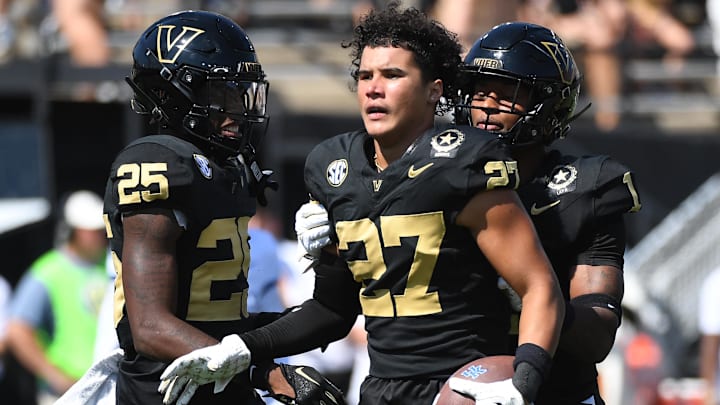 Vanderbilt Commodores safety John Howse IV (27) reacts after an interception against the Kentucky Wildcats during the first half at FirstBank Stadium.