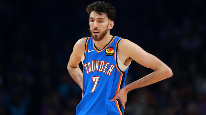 Jan 4, 2026; Phoenix, Arizona, USA; Oklahoma City Thunder center Chet Holmgren (7) against the Phoenix Suns at Mortgage Matchup Center. Mandatory Credit: Mark J. Rebilas-Imagn Images