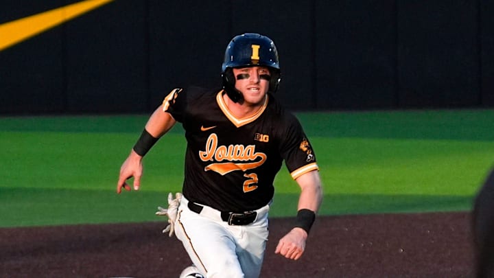 Iowa infielder Gable Mitchell (2) runs to third base against Bradley April 16, 2025 at Duane Banks Field in Iowa City, Iowa.