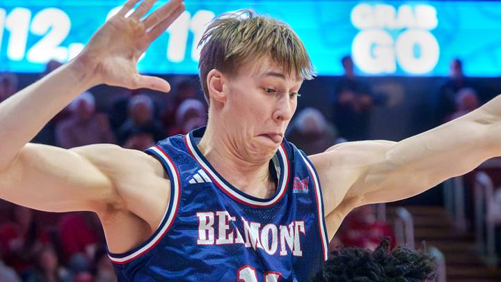 Belmont's Drew Scharnowski (11) and Isaiah West (3) guard Bradley's Jaquan Johnson in the first half of their college basketball game Monday, Feb. 9, 2026 at Carver Arena in Peoria. The Braves defeated the Bruins 95-84. Belmont's Drew Scharnowski (11) and Isaiah West (3) guard Bradley's Jaquan Johnson in the first half of their college basketball game Monday, Feb. 9, 2026 at Carver Arena in Peoria. The Braves defeated the Bruins 95-84.
