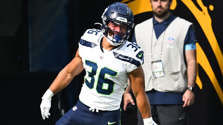 Aug 10, 2024; Inglewood, California, USA; Seattle Seahawks running back George Holani (36) makes a touchdown against the Los Angeles Chargers during the second quarter at SoFi Stadium. Mandatory Credit: Jonathan Hui-Imagn Images