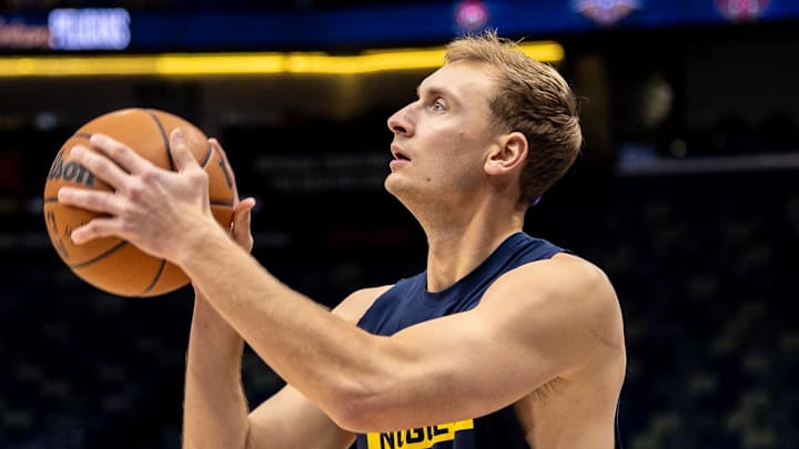 Nov 19, 2025; New Orleans, Louisiana, USA;  Denver Nuggets forward Hunter Tyson (5) during warmups before the game against the New Orleans Pelicans at Smoothie King Center.