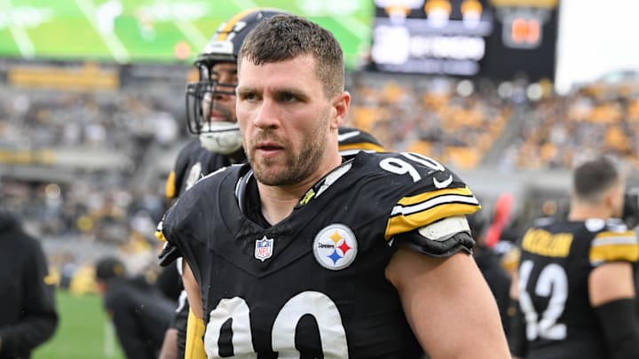 Nov 2, 2025; Pittsburgh, Pennsylvania, USA;  Pittsburgh Steelers linebacker T.J. Watt (90) watches the action against the Indianapolis Colts during the second half at Acrisure Stadium. Mandatory Credit: Barry Reeger-Imagn Images