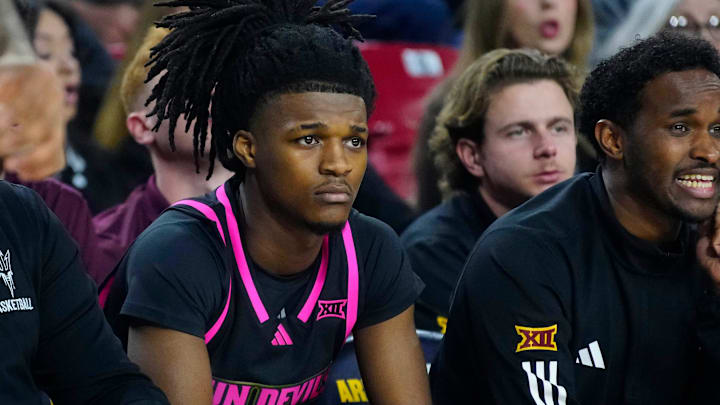 Arizona State guard Trevor Best (12) sits on the bench during a game against TCU at Desert Financial Arena in Tempe on Feb. 15, 2025. Arizona State guard Trevor Best (12) sits on the bench during a game against TCU at Desert Financial Arena in Tempe on Feb. 15, 2025.