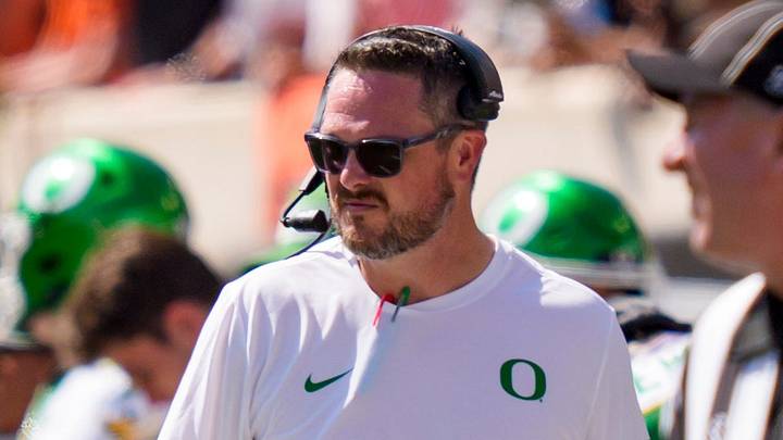 Oregon head coach Dan Lanning looks on as the Oregon Ducks face the Oklahoma State Cowboys on Sept. 12, 2026, at Boone Pickens Stadium in Stillwater, Oklahoma. Oregon head coach Dan Lanning looks on as the Oregon Ducks face the Oklahoma State Cowboys on Sept. 12, 2026, at Boone Pickens Stadium in Stillwater, Oklahoma.