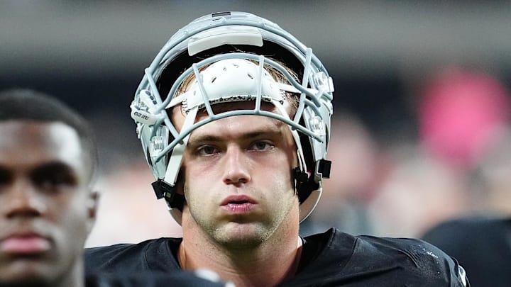 Oct 27, 2024; Paradise, Nevada, USA; Las Vegas Raiders tight end Brock Bowers (89) walks off the field after the Raiders were defeated by the Kansas City Chiefs 27-20 at Allegiant Stadium. Mandatory Credit: Stephen R. Sylvanie-Imagn Images