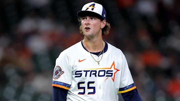 Apr 21, 2025; Houston, Texas, USA; Houston Astros relief pitcher Forrest Whitley (55) reacts after an out against the Toronto Blue Jays during the ninth inning at Daikin Park Apr 21, 2025; Houston, Texas, USA; Houston Astros relief pitcher Forrest Whitley (55) reacts after an out against the Toronto Blue Jays during the ninth inning at Daikin Park