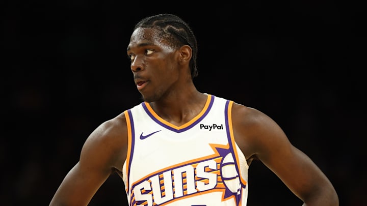 Oct 14, 2025; Phoenix, Arizona, USA; Phoenix Suns forward Rasheer Fleming (20) against the Los Angeles Lakers during an NBA preseason game at Mortgage Matchup Center. Mandatory Credit: Mark J. Rebilas-Imagn Images