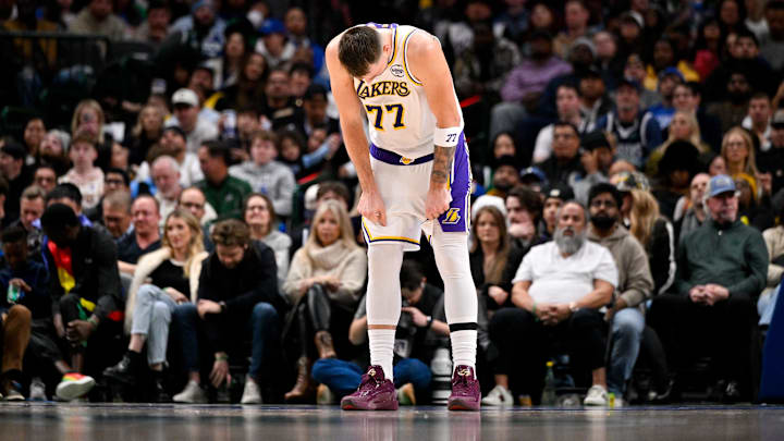 Jan 24, 2026; Dallas, Texas, USA; Los Angeles Lakers guard Luka Doncic (77) looks on during the game against the Dallas Mavericks at the American Airlines Center. Mandatory Credit: Jerome Miron-Imagn Images