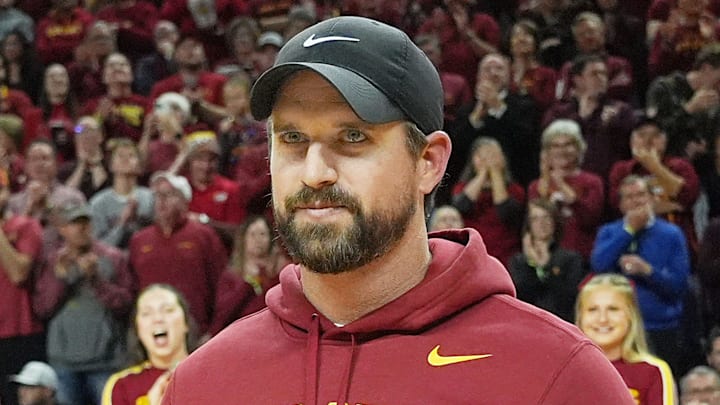 Iowa State football coach Jimmy Rogers speaks during a timeout in the first half in the Iowa State and Iowa men’s basketball Cy-Hawk series at Hilton coliseum on Dec. 11, 2025, in Ames, Iowa.
