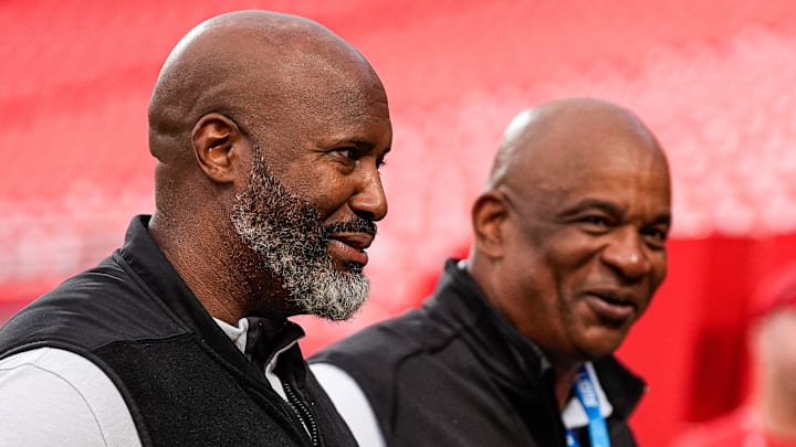Detroit Lions general manager Brad Holmes, left, and assistant general manager Ray Agnew.