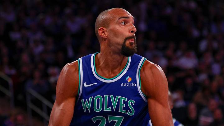 Oct 12, 2026; New York, New York, USA;  Minnesota Timberwolves center Rudy Gobert (27) rebounds during the first half against the New York Knicks at Madison Square Garden.  Mandatory Credit: Vincent Carchietta-Imagn Images