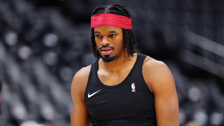 Feb 6, 2025; Denver, Colorado, USA; Denver Nuggets center DaRon Holmes II (14) warms up before a game against the Orlando Magic at Ball Arena. Mandatory Credit: Ron Chenoy-Imagn Images
