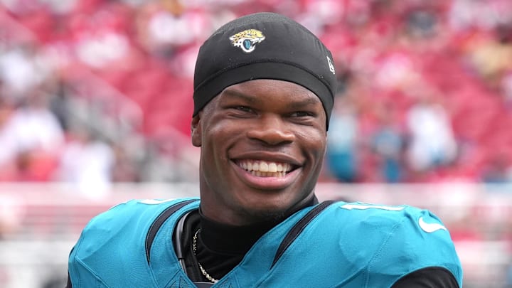 Sep 28, 2025; Santa Clara, California, USA; Jacksonville Jaguars wide receiver Travis Hunter (12) before the game against the San Francisco 49ers at Levi's Stadium. Mandatory Credit: Darren Yamashita-Imagn Images