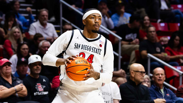 San Diego State Aztecs guard Taj DeGourville (24). San Diego State Aztecs guard Taj DeGourville (24).