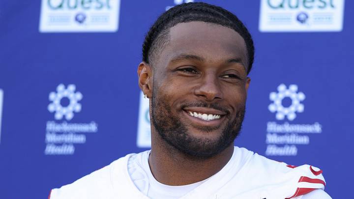 Jun 9, 2026; East Rutherford, NJ, USA; New York Giants linebacker Kayvon Thibodeaux (5) answers questions from the press after the minicamp activities at Quest Diagnostics Center. Mandatory Credit: Thomas Salus-Imagn Images