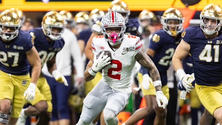 Jan 20, 2025; Atlanta, GA, USA; Ohio State Buckeyes wide receiver Emeka Egbuka (2) against the Notre Dame Fighting Irish during the CFP National Championship college football game at Mercedes-Benz Stadium. Mandatory Credit: Mark J. Rebilas-Imagn Images