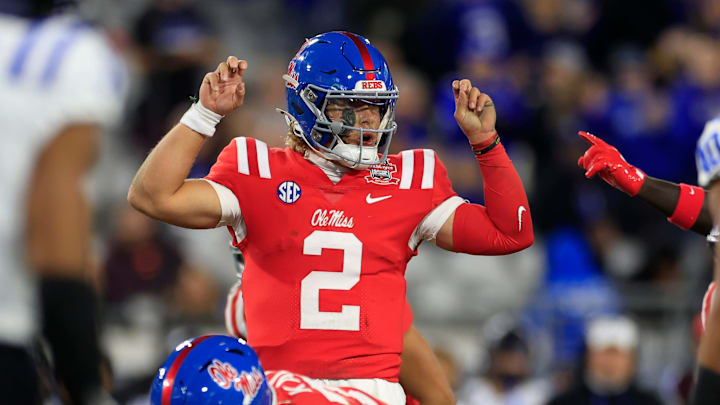 Mississippi Rebels quarterback Jaxson Dart (2) calls a play during the first quarter of the TaxSlayer Gator Bowl Thursday, Jan. 2, 2025 at EverBank Stadium in Jacksonville, Fla. [Corey Perrine/Florida Times-Union]