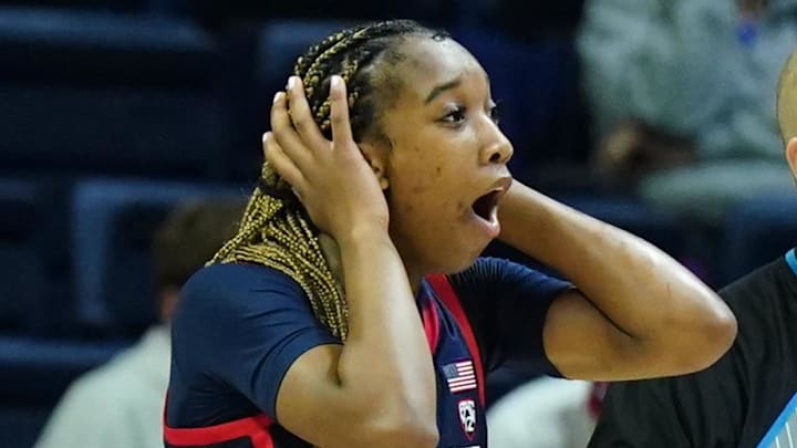 Mar 23, 2024; Storrs, Connecticut, USA; Arizona Wildcats guard Skylar Jones (4) called for a foul against the Syracuse Orange in the second half at Harry A. Gampel Pavilion. Mandatory Credit: David Butler II-Imagn Images
