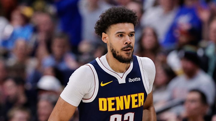 Dec 22, 2025; Denver, Colorado, USA; Denver Nuggets forward Cameron Johnson (23) in the second quarter against the Utah Jazz at Ball Arena.