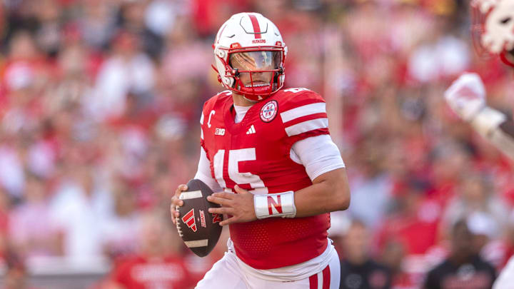 Nebraska quarterback Dylan Raiola looks for a receiver against Michigan.