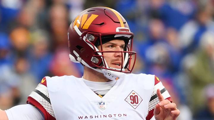 Washington Commanders quarterback Taylor Heinicke (4) Mandatory Credit: Rich Barnes-Imagn Images