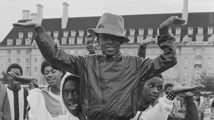 Dancers posing, GLC (Greater London Council) Hip Hop Jam, 1984