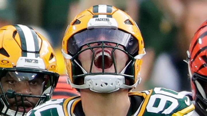 Green Bay Packers defender Lukas Van Ness celebrates after sacking Cincinnati Bengals quarterback Joe Flacco. Green Bay Packers defender Lukas Van Ness celebrates after sacking Cincinnati Bengals quarterback Joe Flacco.