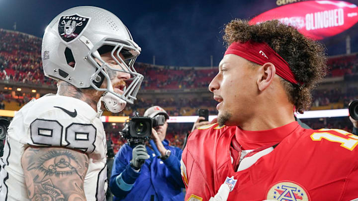 Nov 29, 2024; Kansas City, Missouri, USA; Kansas City Chiefs quarterback Patrick Mahomes (15) greets Las Vegas Raiders defensive end Maxx Crosby (98) after the game at GEHA Field at Arrowhead Stadium. Mandatory Credit: Denny Medley-Imagn Images Nov 29, 2024; Kansas City, Missouri, USA; Kansas City Chiefs quarterback Patrick Mahomes (15) greets Las Vegas Raiders defensive end Maxx Crosby (98) after the game at GEHA Field at Arrowhead Stadium. Mandatory Credit: Denny Medley-Imagn Images