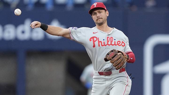 Jun 8, 2026; Toronto, Ontario, CAN; Philadelphia Phillies shortstop Trea Turner (7) throws out Toronto Blue Jays shortstop Andres Gimenez (not pictured) at first base during the second inning at Rogers Centre. Jun 8, 2026; Toronto, Ontario, CAN; Philadelphia Phillies shortstop Trea Turner (7) throws out Toronto Blue Jays shortstop Andres Gimenez (not pictured) at first base during the second inning at Rogers Centre.