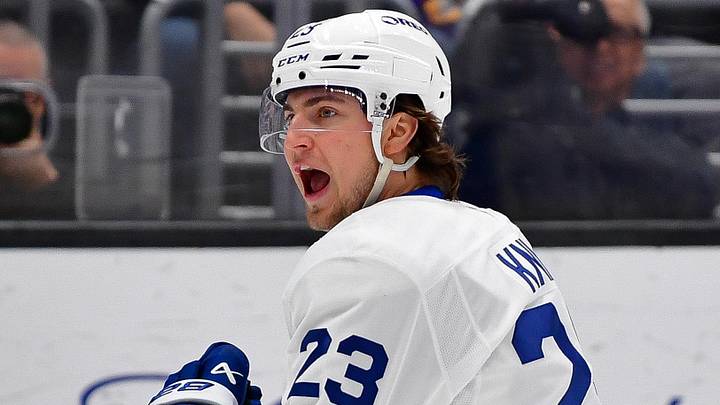 Apr 4, 2026; Los Angeles, California, USA; Toronto Maple Leafs left wing Matthew Knies (23) celebrates his goal scored against goaltender Darcy Kuemper (35) during the third period at Crypto.com Arena. Mandatory Credit: Gary A. Vasquez-Imagn Images