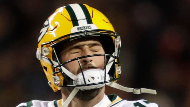 Green Bay Packers kicker Brandon McManus (17) reacts after missing a field goal late in the fourth quarter against the Bears.