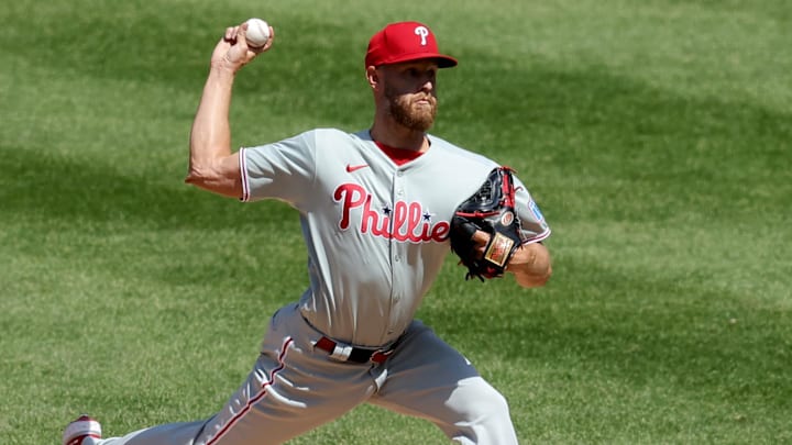 Apr 23, 2025; New York City, New York, USA; Philadelphia Phillies starting pitcher Zack Wheeler (45) pitches against the New York Mets during the second inning at Citi Field. 
