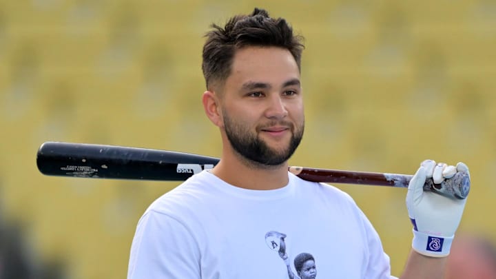 Oct 26, 2025; Los Angeles, CA, USA;  Toronto Blue Jays shortstop Bo BIchette (11) takes batting practice during World Series workouts prior to game three against the Los Angeles Dodgers at Dodger Stadium. Mandatory Credit: Jayne Kamin-Oncea-Imagn Images