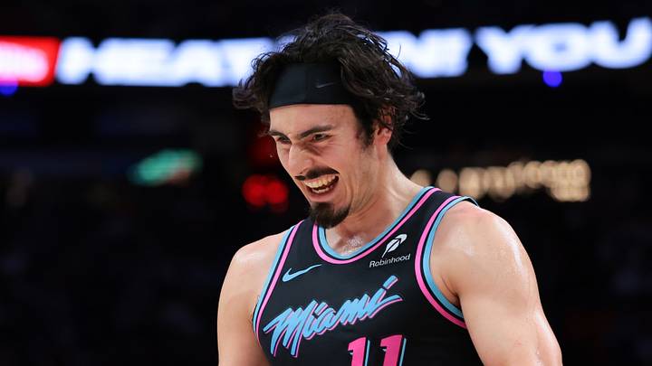 Dec 27, 2025; Miami, Florida, USA; Miami Heat forward Jaime Jaquez Jr. (11) reacts against the Indiana Pacers during the second half at Kaseya Center. Mandatory Credit: Sam Navarro-Imagn Images
