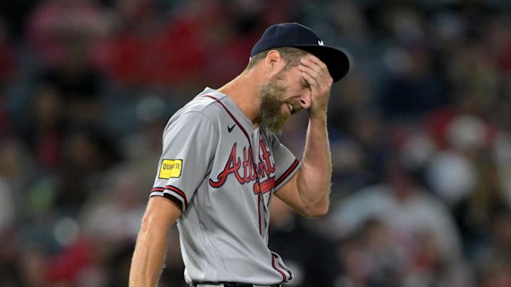 Apr 6, 2026; Anaheim, California, USA; Atlanta Braves pitcher Chris Sale (51) reacts after hitting Los Angeles Angels third baseman Yoán Moncada (10) with a pitch in the fourth inning at Angel Stadium. Mandatory Credit: Jayne Kamin-Oncea-Imagn Images Apr 6, 2026; Anaheim, California, USA; Atlanta Braves pitcher Chris Sale (51) reacts after hitting Los Angeles Angels third baseman Yoán Moncada (10) with a pitch in the fourth inning at Angel Stadium. Mandatory Credit: Jayne Kamin-Oncea-Imagn Images