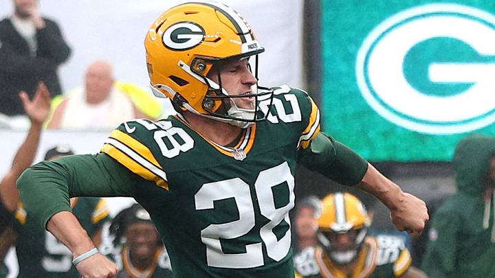 Green Bay Packers kicker Trey Smack (28) celebrates after kicking a 26-yard game-winning field goal. Green Bay Packers kicker Trey Smack (28) celebrates after kicking a 26-yard game-winning field goal.