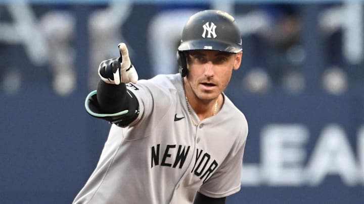 Jul 22, 2025; Toronto, Ontario, CAN; New York Yankees left fielder Cody Bellinger (35) reacts after hitting a double against the Toronto Blue Jays in the third inning at Rogers Centre. Mandatory Credit: Dan Hamilton-Imagn Images Jul 22, 2025; Toronto, Ontario, CAN; New York Yankees left fielder Cody Bellinger (35) reacts after hitting a double against the Toronto Blue Jays in the third inning at Rogers Centre. Mandatory Credit: Dan Hamilton-Imagn Images