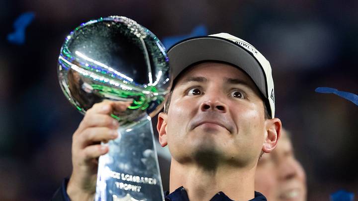 Seattle Seahawks head coach Mike Macdonald celebrates with the Vince Lombardi trophy Seattle Seahawks head coach Mike Macdonald celebrates with the Vince Lombardi trophy