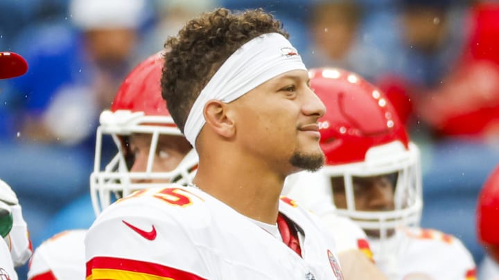 Aug 15, 2025; Seattle, Washington, USA; Kansas City Chiefs quarterback Patrick Mahomes (15) watches pregame warmups against the Seattle Seahawks at Lumen Field. Mandatory Credit: Joe Nicholson-Imagn Images