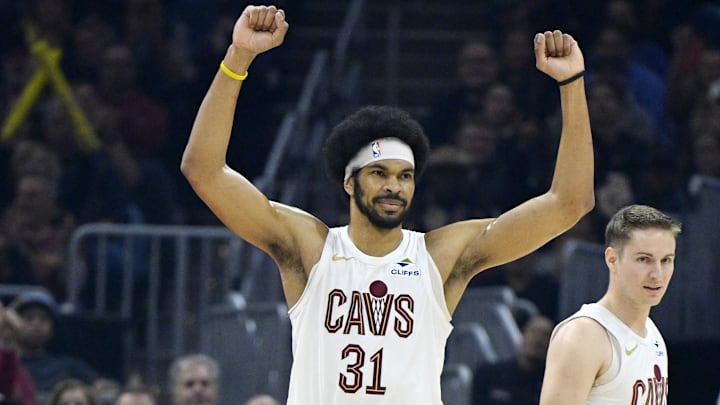 Apr 8, 2026; Cleveland, Ohio, USA; Cleveland Cavaliers center Jarrett Allen (31) celebrates beside guard Sam Merrill (5) in the third quarter against the Atlanta Hawks at Rocket Arena. Mandatory Credit: David Richard-Imagn Images