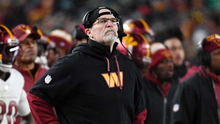 Jan 26, 2025; Philadelphia, PA, USA; Washington Commanders head coach Dan Quinn looks on during the second half in the NFC Championship game at Lincoln Financial Field.