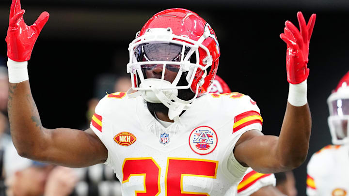 Nov 26, 2023; Paradise, Nevada, USA; Kansas City Chiefs cornerback Jaylen Watson (35) takes the field for warm ups before the start of a game against the Las Vegas Raiders at Allegiant Stadium. Mandatory Credit: Stephen R. Sylvanie-Imagn Images