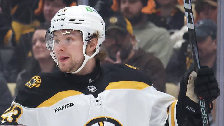 Apr 13, 2025; Pittsburgh, Pennsylvania, USA;  Boston Bruins right wing Fabian Lysell (23) reacts after scoring his first career NHL goal against the Pittsburgh Penguins during the second period at PPG Paints Arena. Mandatory Credit: Charles LeClaire-Imagn Images