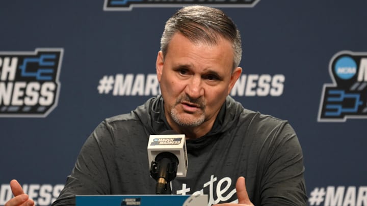 Mississippi State coach Chris Jans during the NCAA tournament pre-practice press conference at Lenovo Center. Mississippi State coach Chris Jans during the NCAA tournament pre-practice press conference at Lenovo Center.
