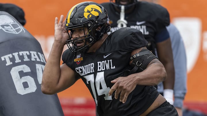 Jan 30, 2025; Mobile, AL, USA; National team defensive lineman Yahya Black of Iowa (74) works through drills during Senior Bowl practice for the National team at Hancock Whitney Stadium. Mandatory Credit: Vasha Hunt-Imagn Images Jan 30, 2025; Mobile, AL, USA; National team defensive lineman Yahya Black of Iowa (74) works through drills during Senior Bowl practice for the National team at Hancock Whitney Stadium. Mandatory Credit: Vasha Hunt-Imagn Images