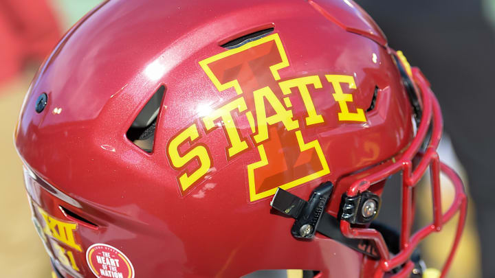Oct 23, 2021; Ames, Iowa, USA; General view of helmet used by Iowa State Cyclones against the Oklahoma State Cowboys in the first half at Jack Trice Stadium. Oct 23, 2021; Ames, Iowa, USA; General view of helmet used by Iowa State Cyclones against the Oklahoma State Cowboys in the first half at Jack Trice Stadium.