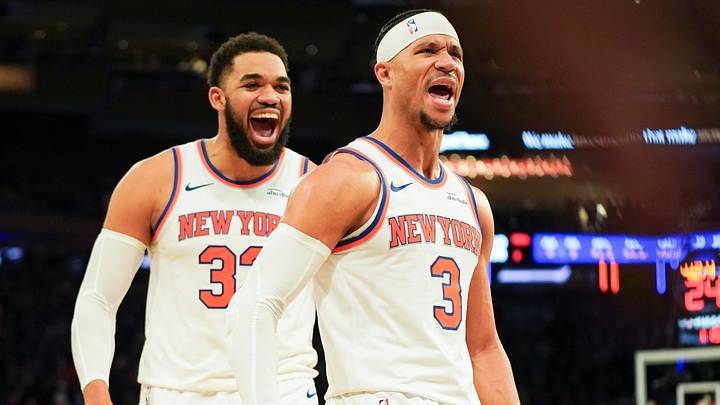 Apr 9, 2026; New York, New York, USA; New York Knicks center Karl-Anthony Towns (32) celebrates with New York Knicks guard Josh Hart (3) after Hart hit a three pointer late in the fourth quarter against the Boston Celtics at Madison Square Garden. Mandatory Credit: Lucas Boland-Imagn Images